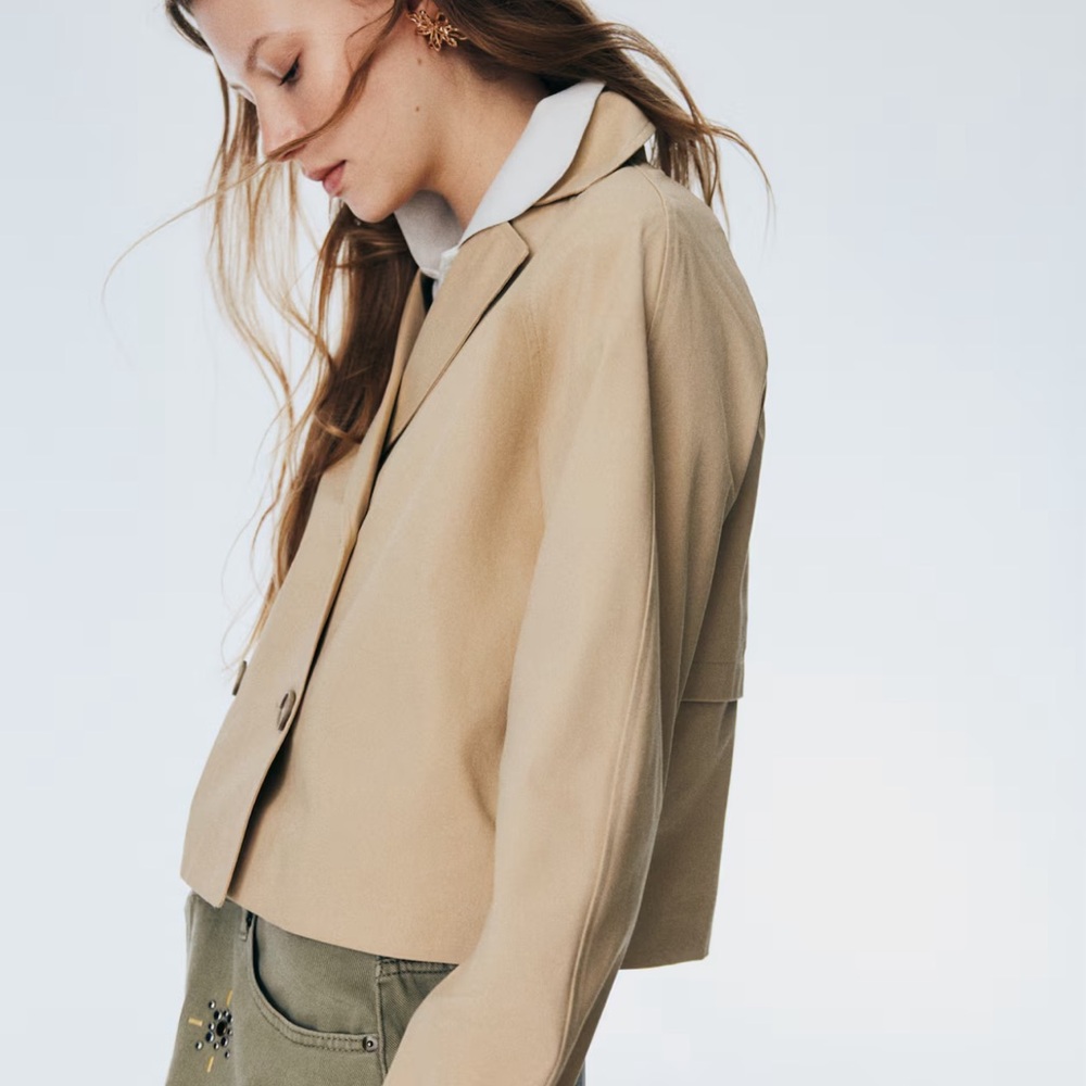 Cropped Trench Coat Tan Double-Breasted Women's - Picture 3 of 3
